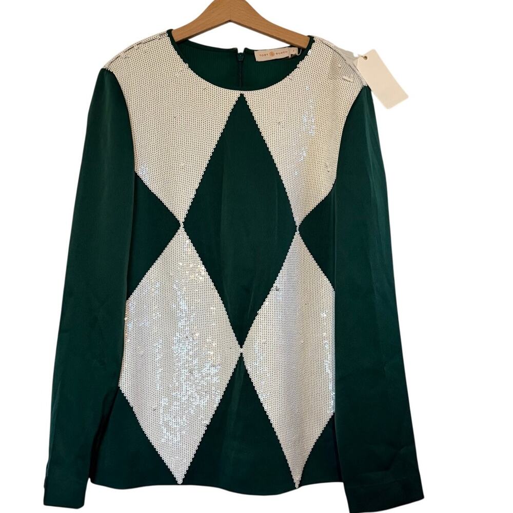 Tory Burch Green Sequin Argyle Sweater NWT Size 4 | Holiday Party Sparkle